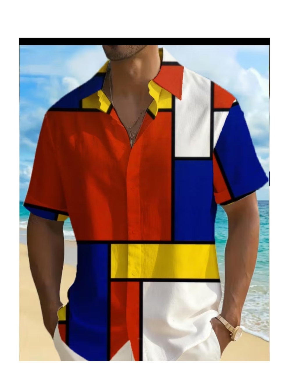Men's Geometric Colorblock Short-Sleeve Shirt - Red, Blue & Yellow - Picture 2 of 5